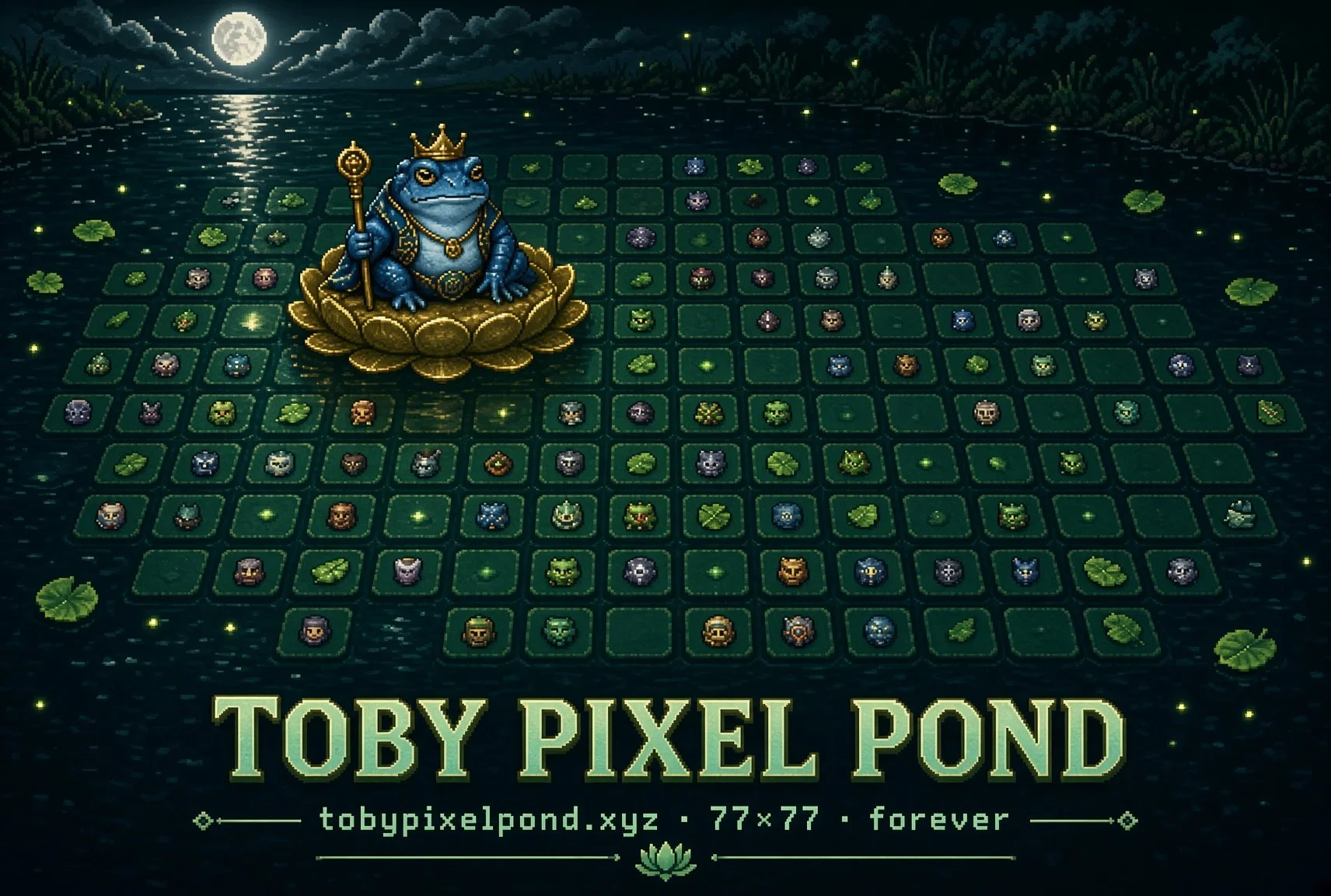Pixel art illustration of a large frog wearing a crown and jewelry, sitting on a gold lily pad in a pond under a full moon, surrounded by fireflies. The pond has lily pads and various animal tokens on a grid, with the text "Toby Pixel Pond" and website information below.