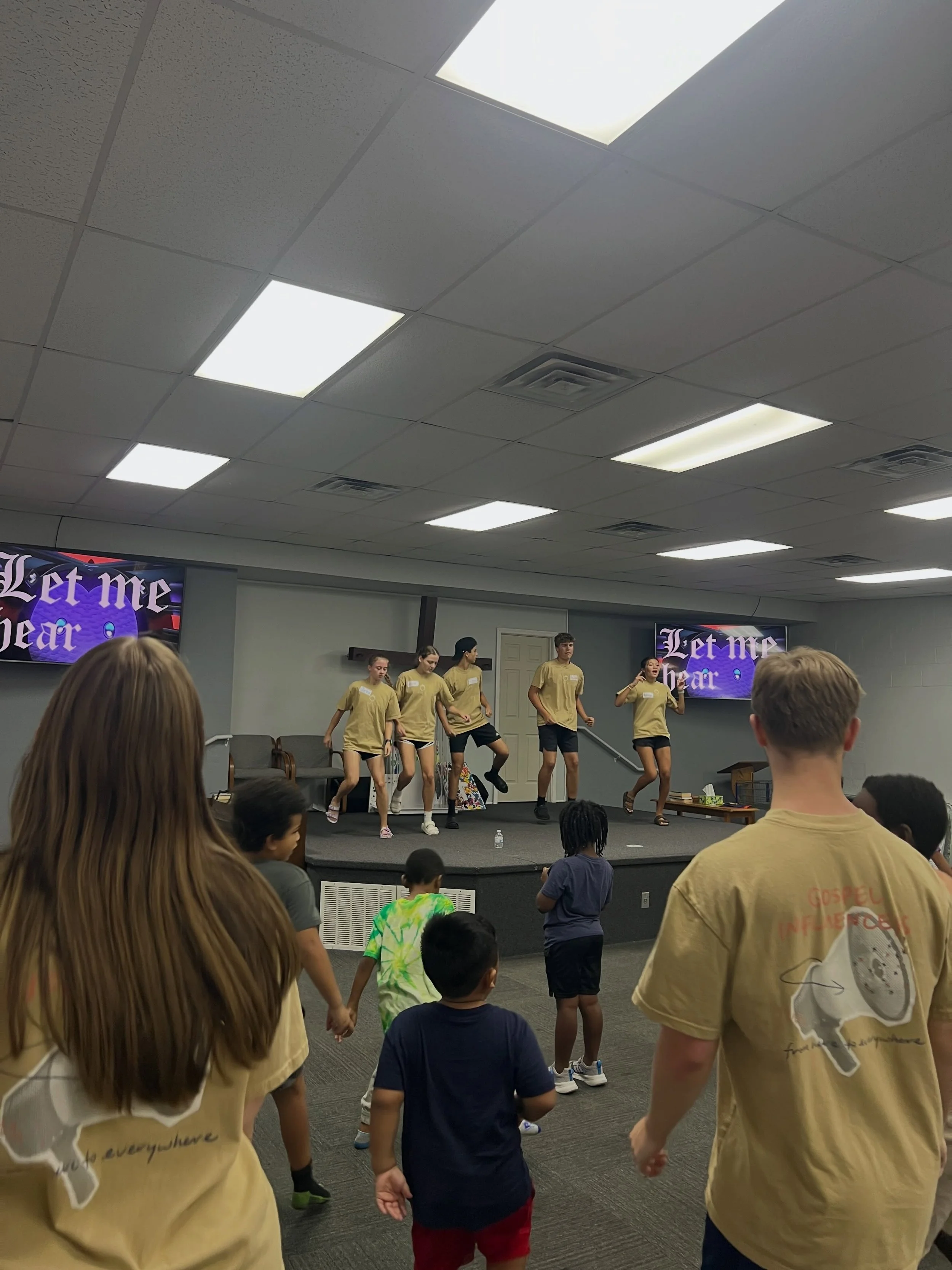 Today we had our second day of kids camp! We started our day with a devotional and breakfast. To start kids camp off we practiced our memory verse and worship dances. Then we split up to head to the splash pad, Bible story&rsquo;s, craft and game tim