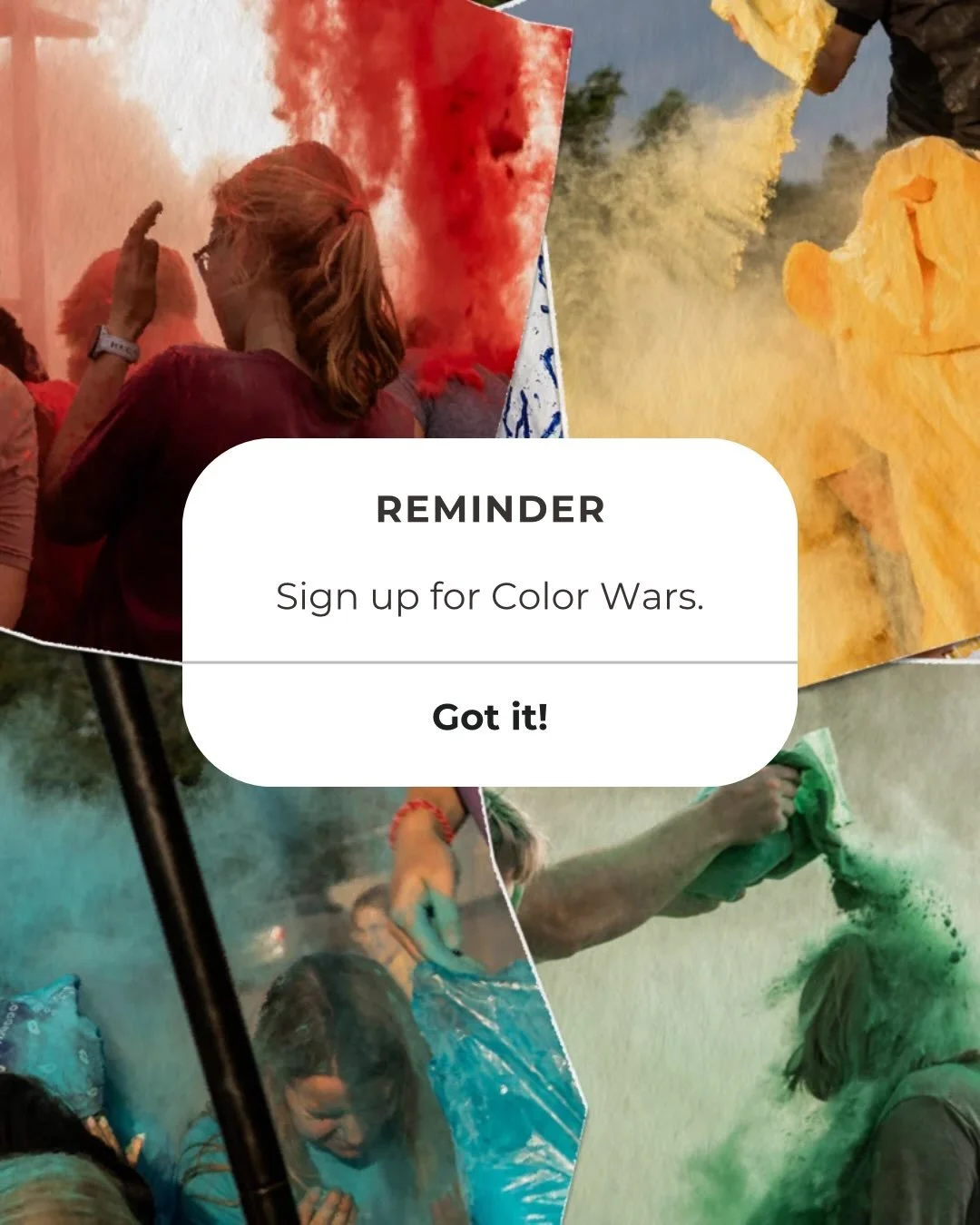 Get ready for the most intense week of the summer&mdash;Color Wars is here!

💙 Blue: 6th grade &amp; 12th grade
❤️ Red: 7th grade &amp; 11th grade
💚 Green: 8th grade girls &amp; 10th grade
💛 Yellow: 8th grade boys, 9th grade &amp; 2026 grads

🔗 L