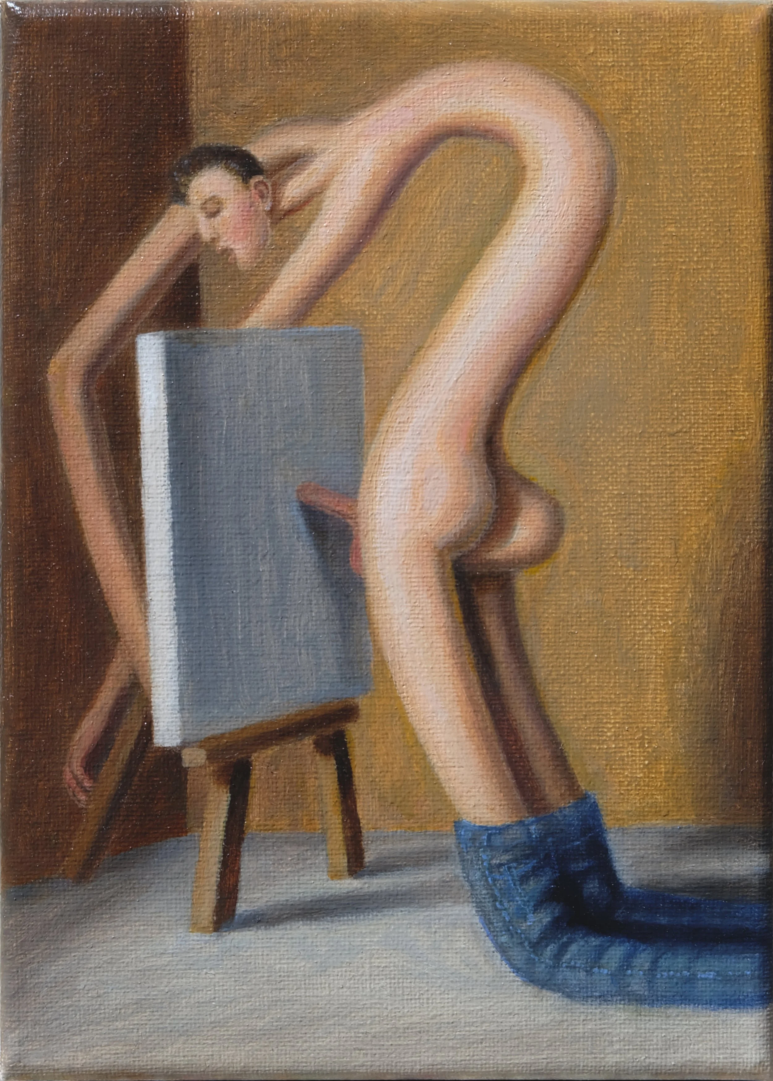 An oil painting by Alessandro Bostelmann depicting an artist with extremely elongated proportions, leaning over a canvas resting on an easel and penetrating it.