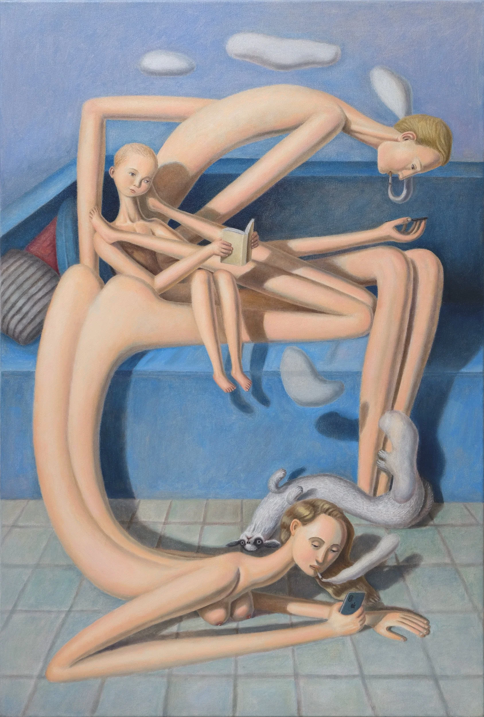Dysfunctional Parents with a Precocious Toddler, Who Is Immersed in Reading Henry Miller
2024–2026, oil on canvas, 99 × 67 cm