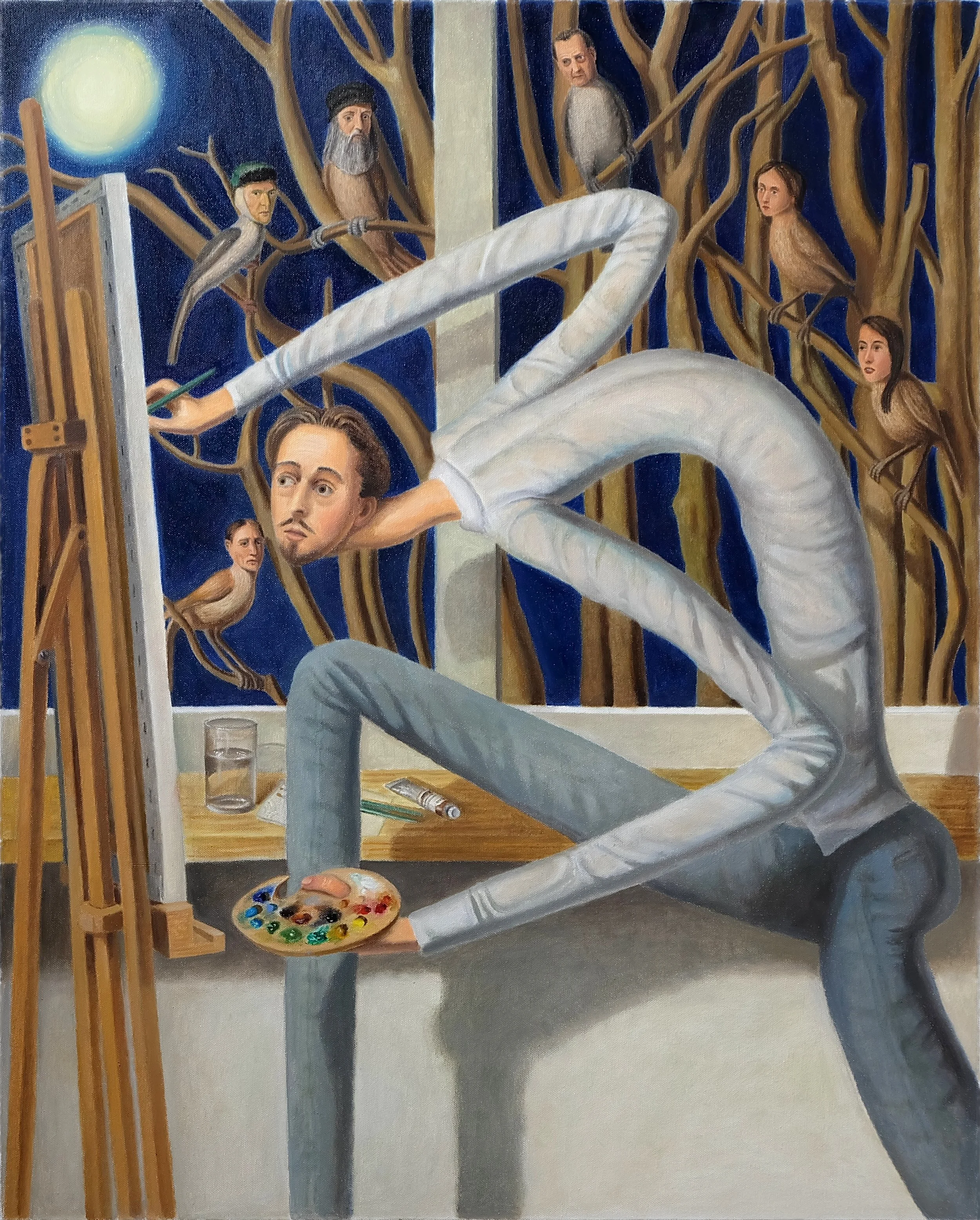 Painting by Alessandro Bostelmann, depicting himself in a manic pose at the easel. Perched in the branches outside the window are birds bearing the faces of Ingres, Leonardo da Vinci, Van Gogh, Lucian Freud, Artemisia Gentileschi, and Jill Mulleady.