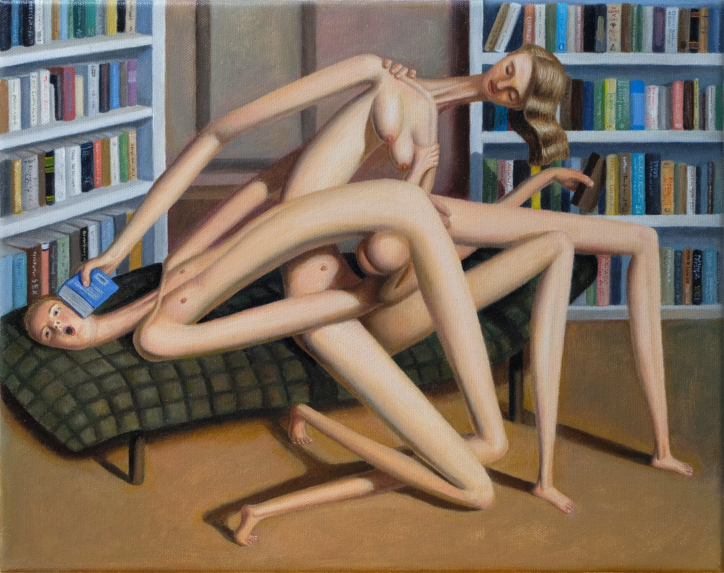 An oil painting by the artist Alessandro Bostelmann, depicting two couples therapists acting out a conflict regarding proximity and distance as a physical struggle on the therapy couch in their practice.