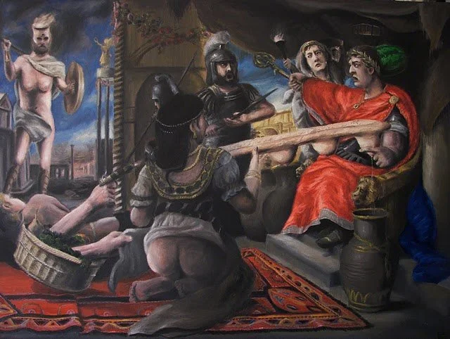 Zweigeschlechtlicher Zyklop entdeckt die Melkung eines weiblichen Baguettes, 2009, Oil on canvas, 90x120cm