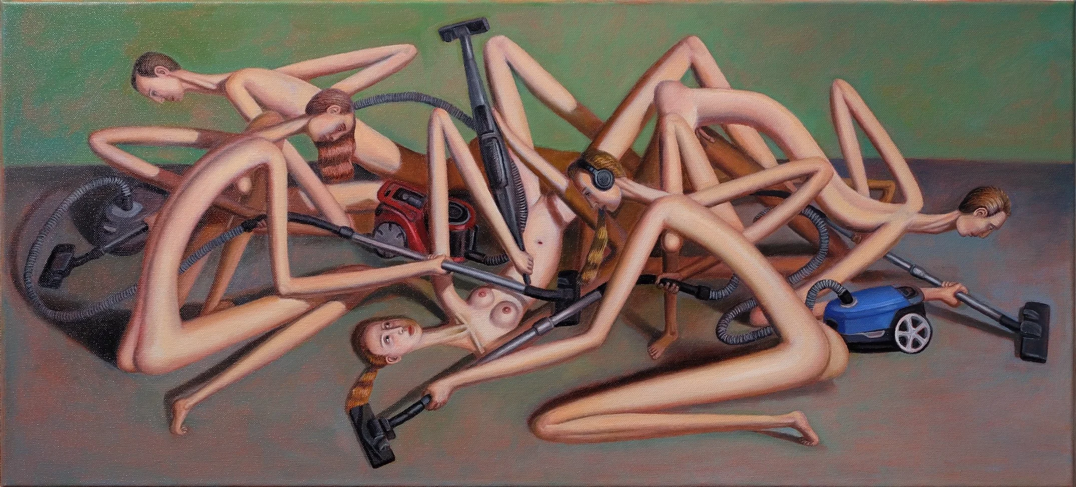 An oil painting by Alessandro Bostelmann, depicting a group of manneristically elongated nude men and women busily engaged in vacuuming an undefined environment.