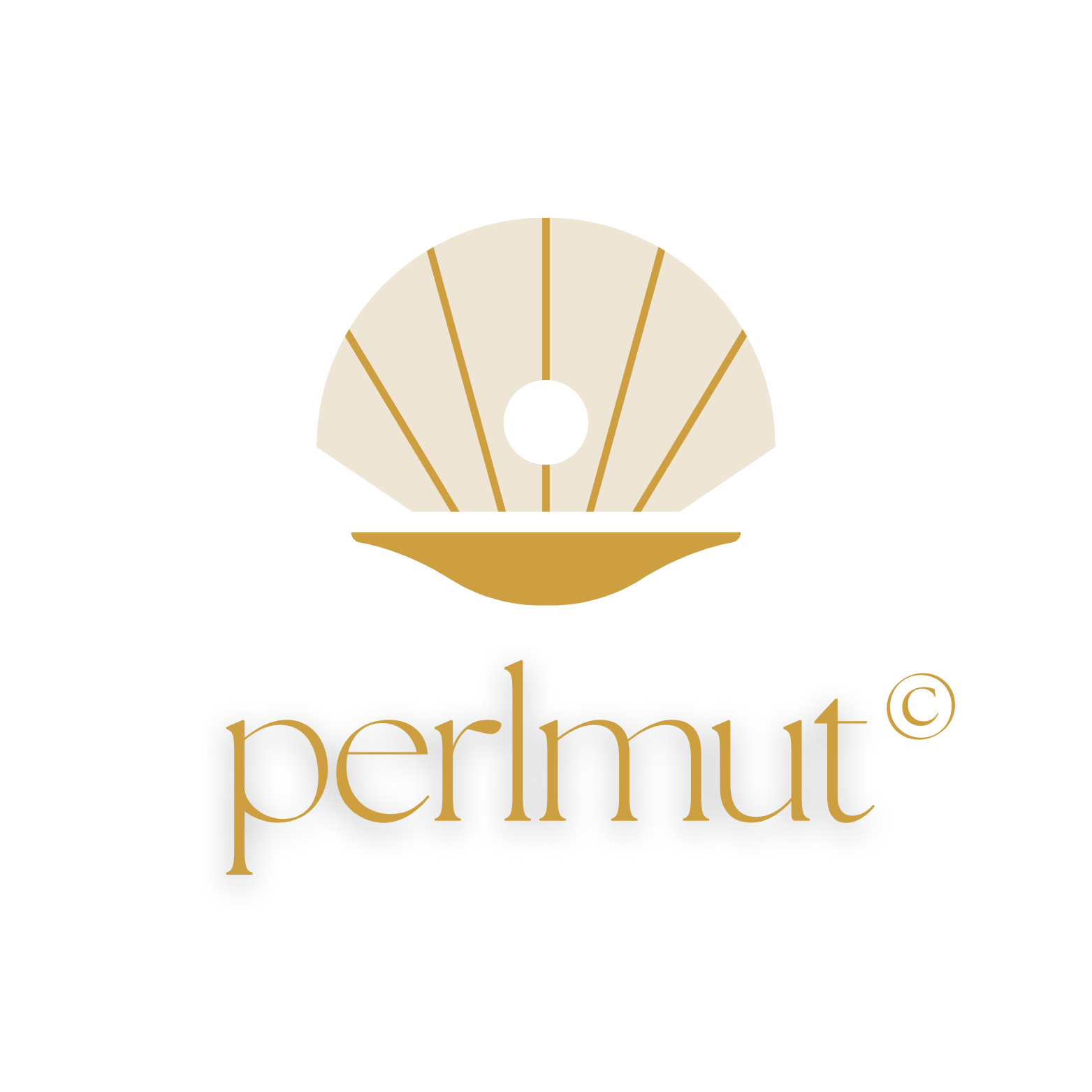 Logo mit einer stilisierten goldenen Muschel und dem Schriftzug 'perlmutt' in goldfarbenem Schrift auf schwarzem Hintergrund.