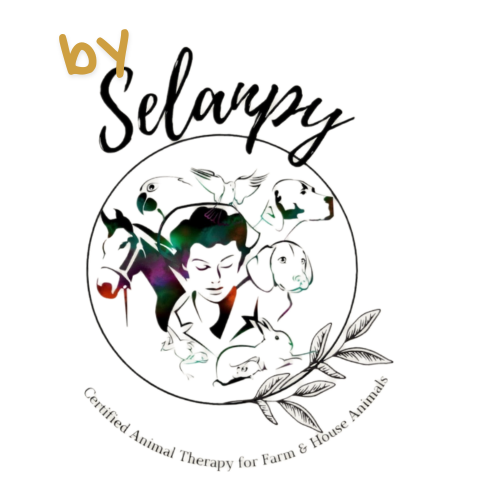 Illustration eines Tieres, das mit Pferde-, Haus- und Farmtieren sowie Tiertherapie für landwirtschaftliche und Haus-Tierhaltung verbunden ist, mit dekorativem Lorbeerzweig und dem Text 'by Selahappy'