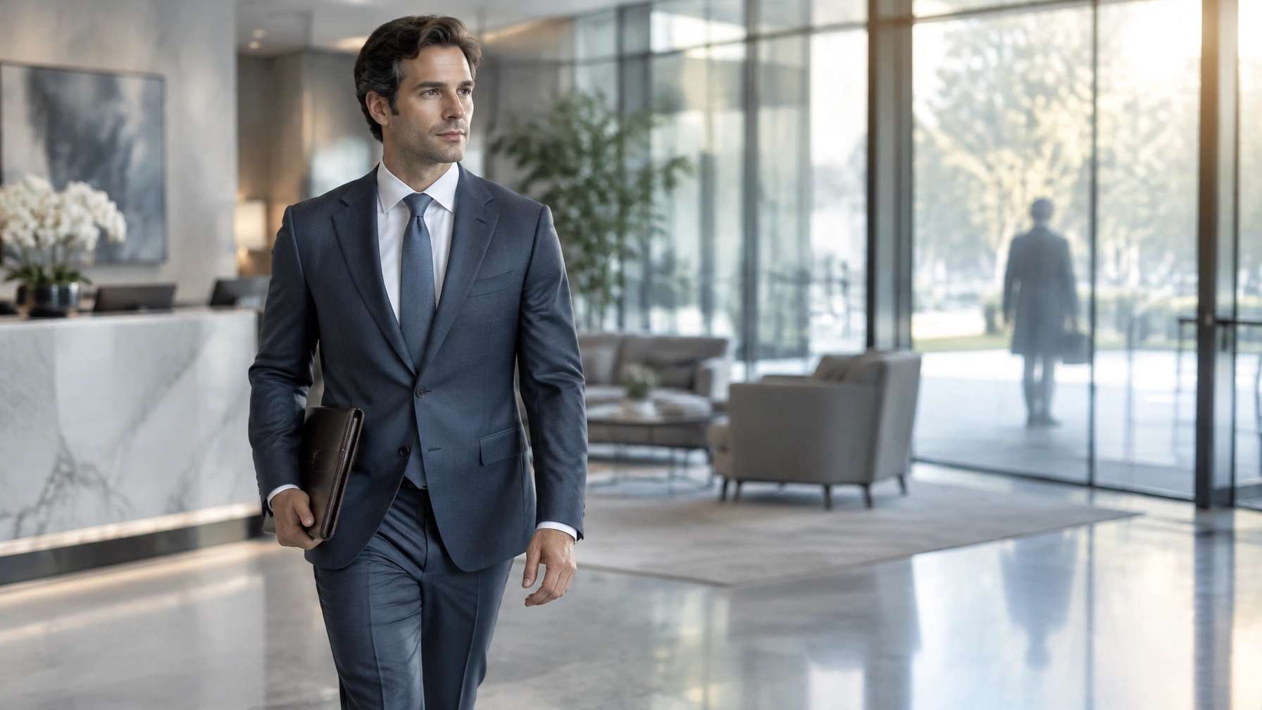 A suited professional in an office lobby with another person beyond the glass entrance
