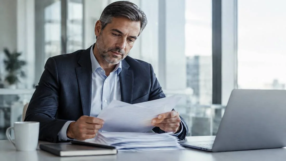 A professional reviewing papers beside a laptop