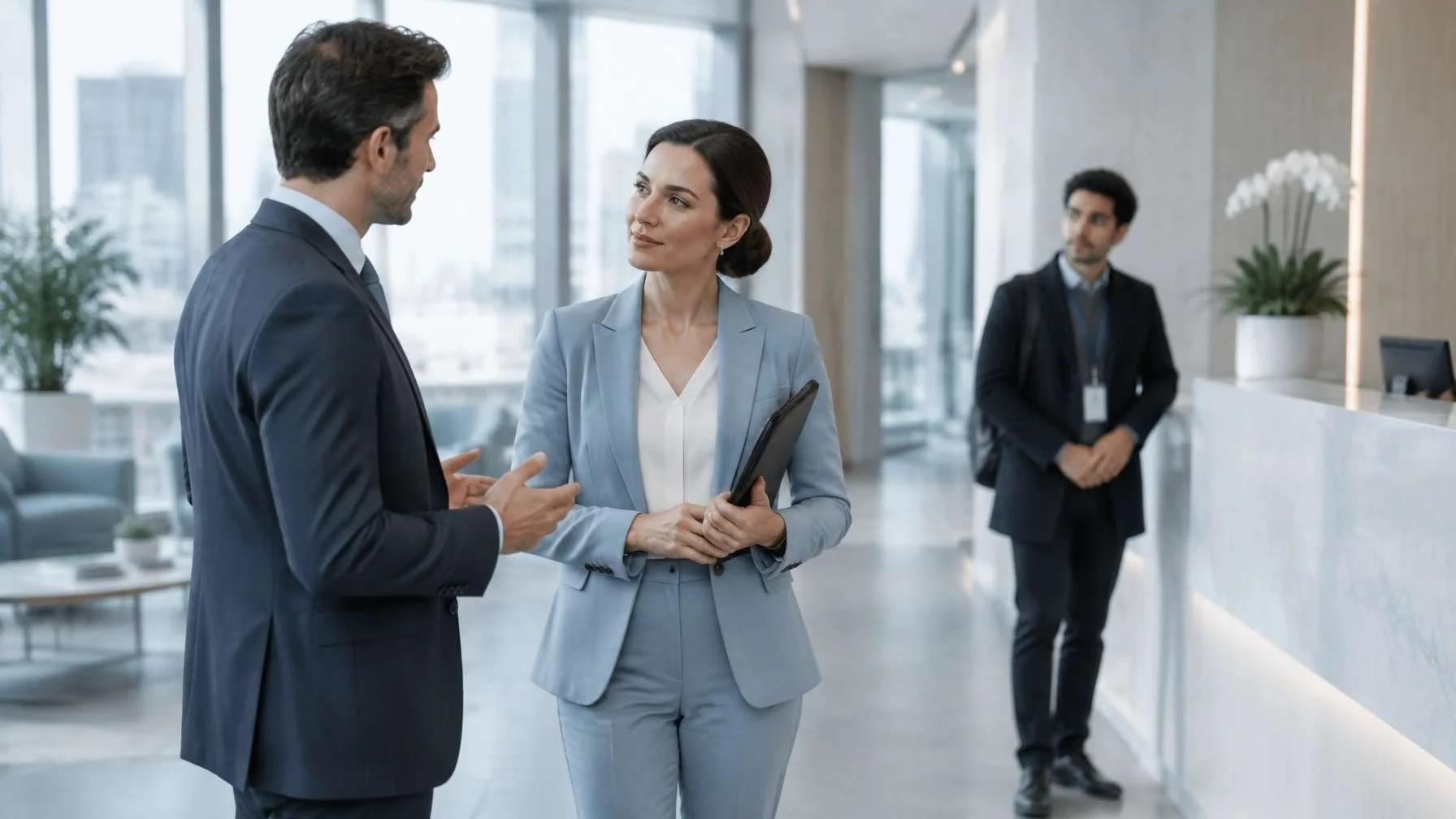 Two professionals speaking near reception, with another person in the background