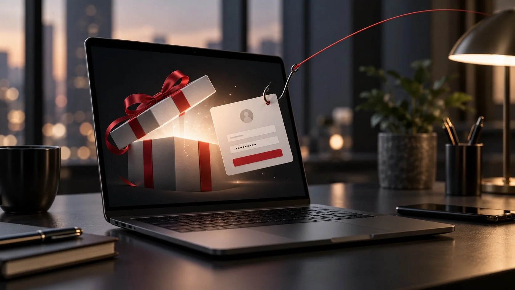 Laptop showing a gift and a login card caught by a phishing hook, illustrating a fake Claude Max upgrade scam.