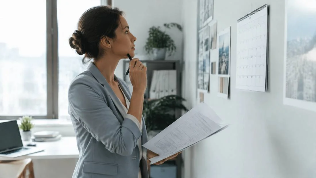A professional holding documents while looking at a wall calendar