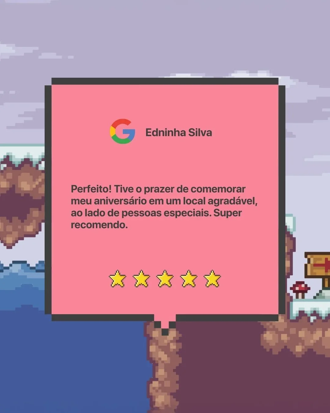 O SEU FEEDBACK &Eacute; O NOSSO LEVEL UP! 🍄📈

A gente ama ler os coment&aacute;rios de voc&ecirc;s depois do rol&ecirc;! Cada avalia&ccedil;&atilde;o positiva no Google &eacute; um

cheat code de energia para a nossa equipe continuar entregando a m