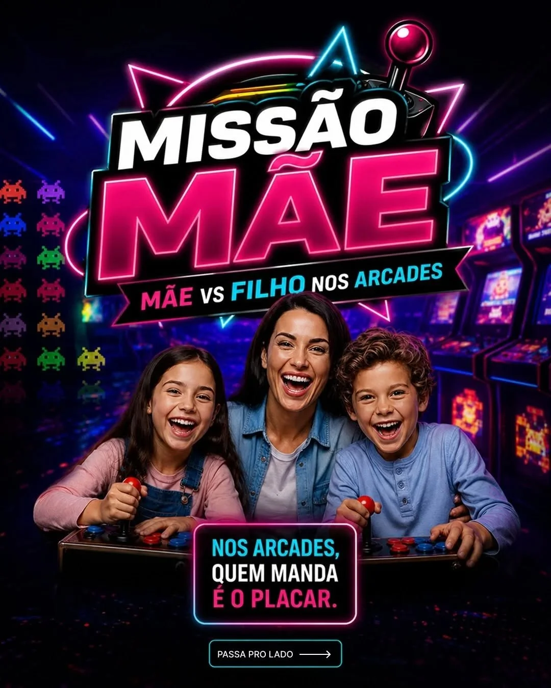 No Dia das M&atilde;es (10/05), o Bario vira arena. A disputa &eacute; em dupla: voc&ecirc;s recebem uma Cartela de Batalha para encarar 3 rounds nos arcades e definir quem &eacute; o mestre dos games.

Depois de zerar essa miss&atilde;o, a mesa j&aa