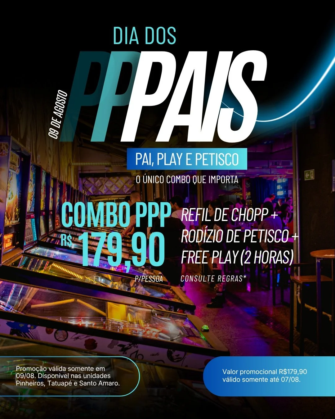 Todo ano &eacute; a mesma hist&oacute;ria, presente sem gra&ccedil;a e almo&ccedil;o repetido. 🎮🔥

Este ano a gente muda o roteiro. Leva o seu pai pro maior Bar Arcade da Am&eacute;rica Latina e deixa ele escolher a pr&oacute;xima partida.

Valor p