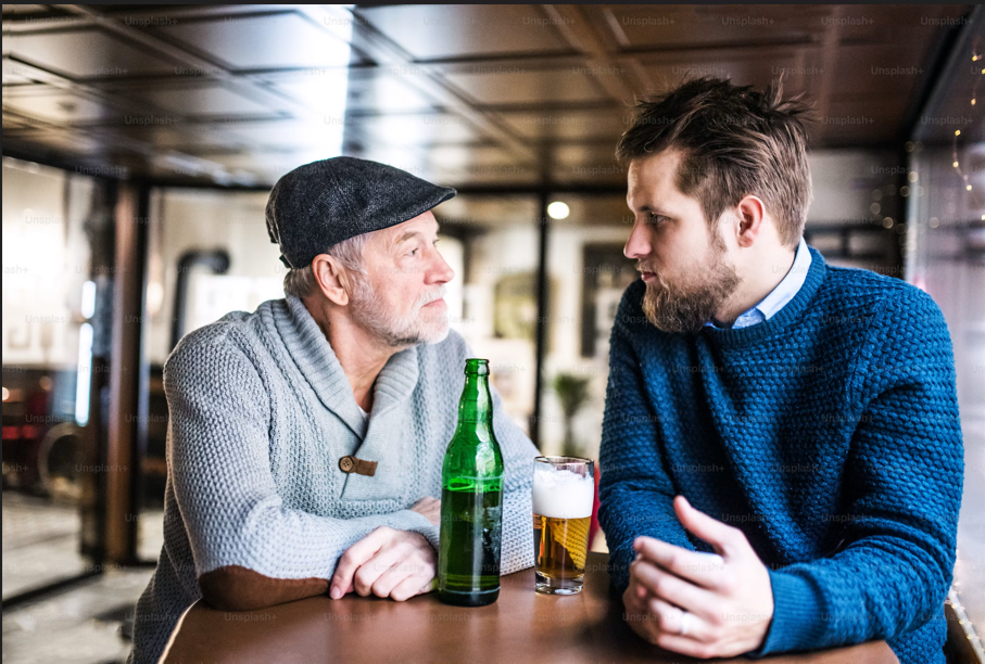 A father and son discuss their family business future … at a bar? 