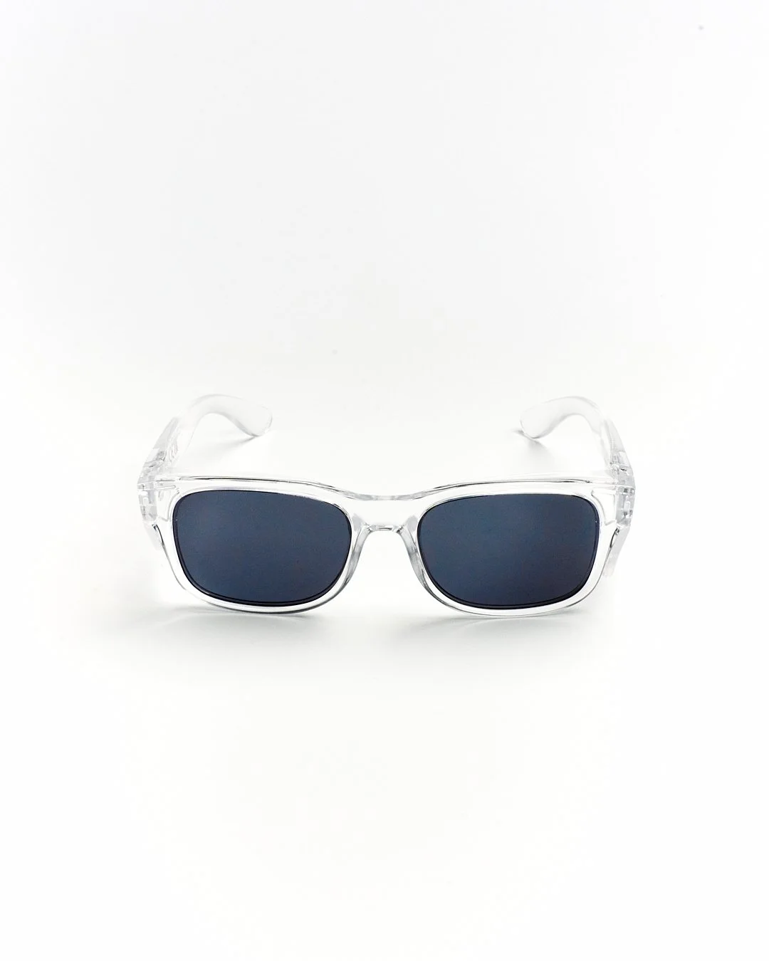 Clear sunglasses with dark lenses on a plain white background.