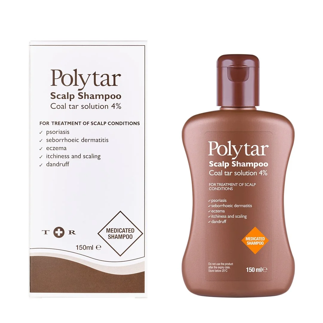 A bottle of PolyTar Scalp Shampoo next to its packaging box. The bottle is mauve with a flip cap, and the box is white with brown accents. Both display the product name, purpose, and dosage, indicating it is medicated shampoo for scalp conditions lik