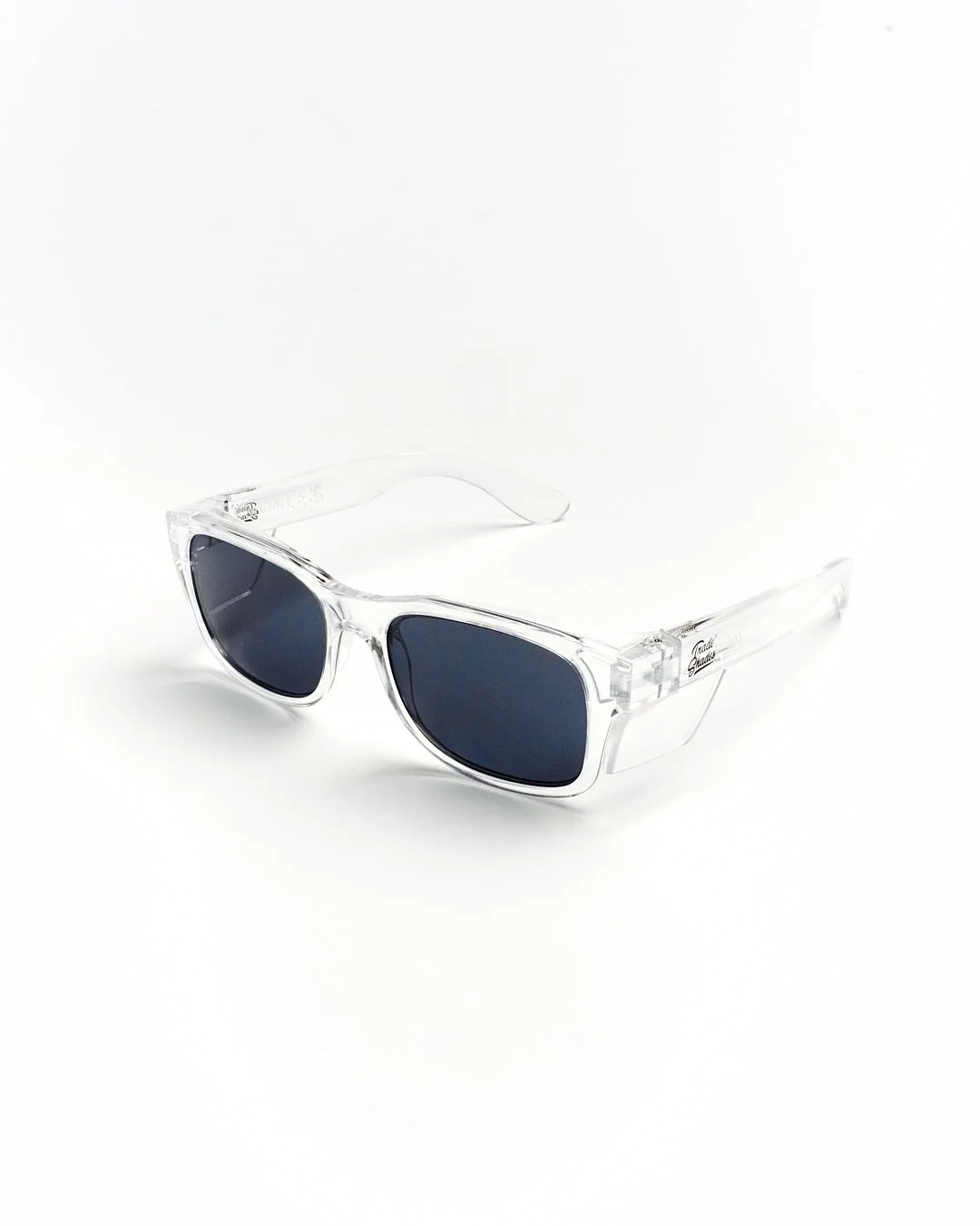 Clear sunglasses with black lenses on a white background.