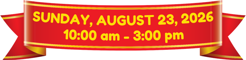 Red banner with gold accents displaying event date and time: Sunday, August 23, 2026, 10:00 am to 3:00 pm.
