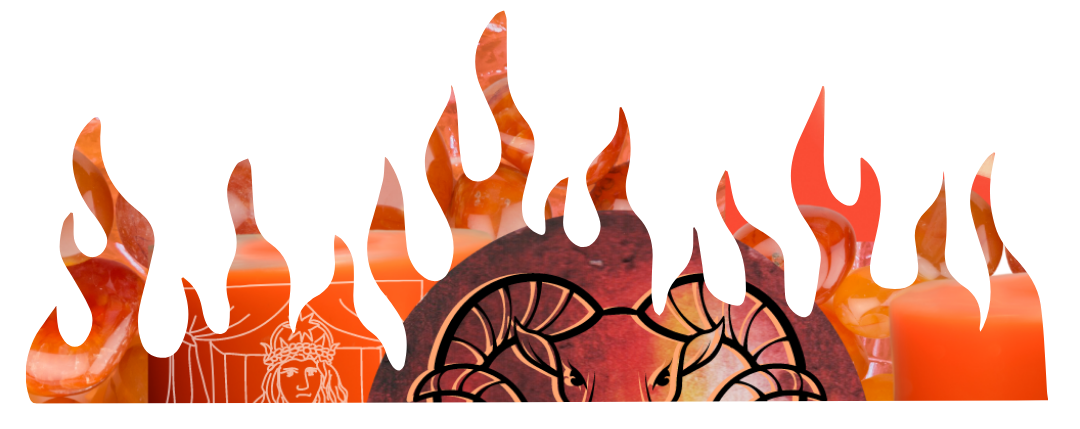 Graphic flames and fire with an orange collage embedded inside. The Chariot tarot card, the symbol of the ram, and the planet Mars are visible in the flames.