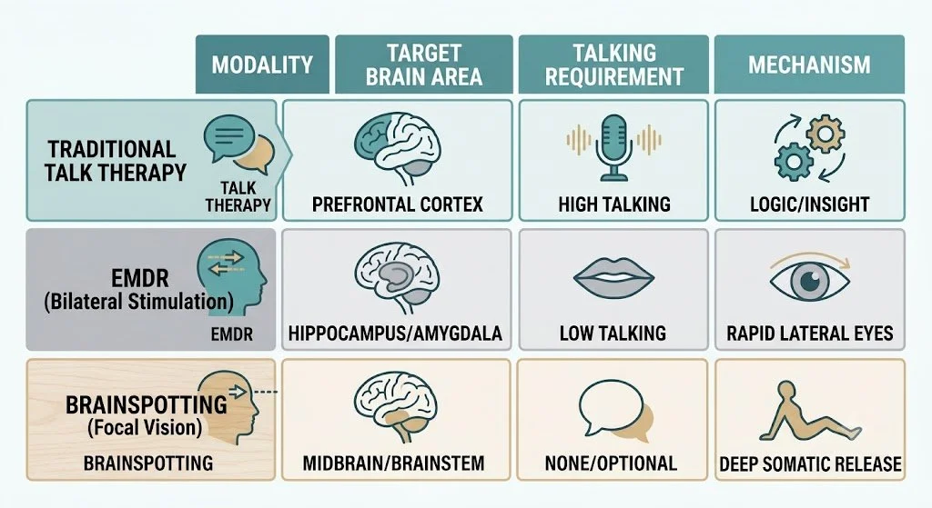 A comparison chart contrasting traditional talk therapy, EMDR, and somatic Brainspotting across categories like brain area accessed, conversational depth, and processing mechanism.