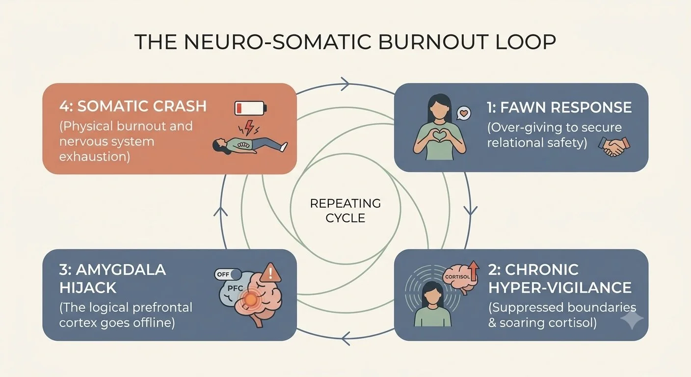 An infographic flowchart mapping the Neuro-Somatic Burnout Loop from a trauma-informed Fawn response to an amygdala hijack and ultimate physical exhaustion.