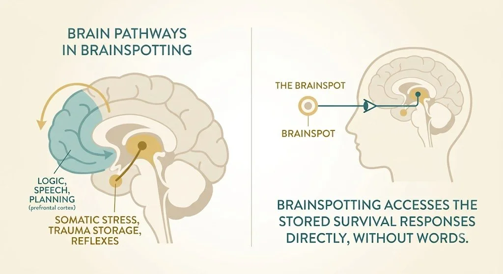 A diagram illustrating how Brainspotting accesses the subcortical midbrain to process stress and trauma, contrasting logical thinking (prefrontal cortex) with somatic survival responses.