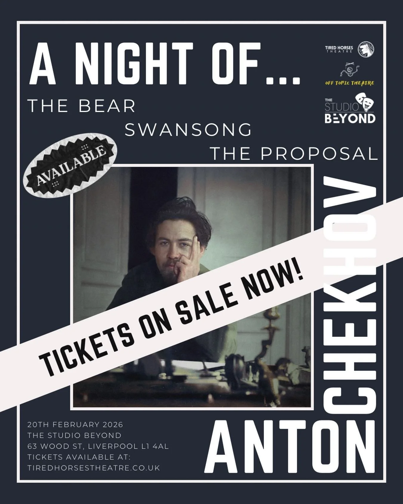 A Night of&hellip; Chekhov

Join us for an evening dedicated to Anton Chekhov&rsquo;s short masterpieces. We bring to life three distinct stories: the comedic duel of The Bear, the lyrical solitude of Swansong, and the frantic matchmaking of The Prop