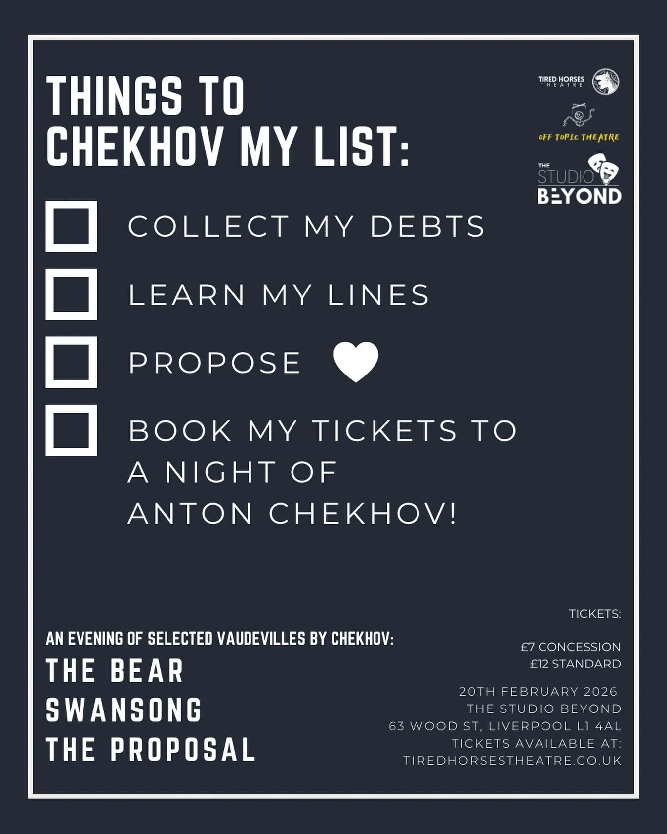 A Night of&hellip; Anton Chekhov

Join us for an evening dedicated to Anton Chekhov&rsquo;s short masterpieces. We bring to life three distinct stories: the comedic duel of The Bear, the lyrical solitude of Swansong, and the frantic matchmaking of Th