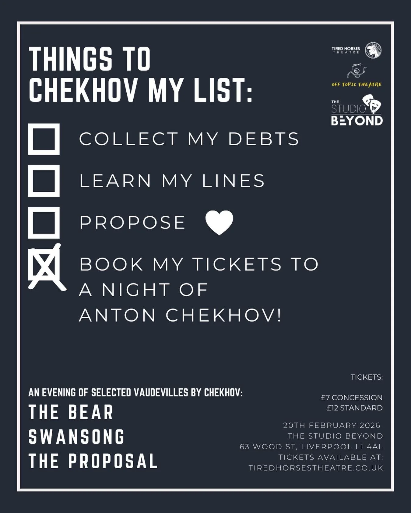 We&rsquo;re bringing you a &ldquo;Night of Chekhov&rdquo; featuring The Bear, Swansong, and The Proposal. Join us for a night of chaos, love, and drama! Experience the genius of Anton Chekhov in three short plays. One night only. Don&rsquo;t miss it!
