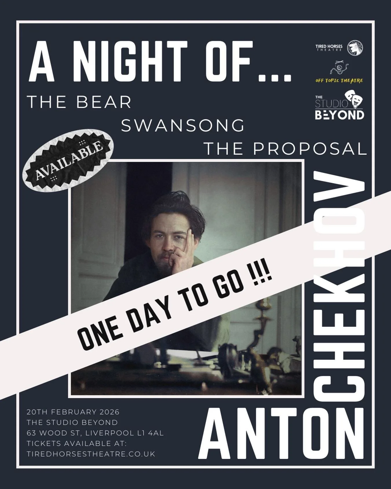 A Night of&hellip; Anton Chekhov

Join us for an evening dedicated to Anton Chekhov&rsquo;s short masterpieces. We bring to life three distinct stories: the comedic duel of The Bear, the lyrical solitude of Swansong, and the frantic matchmaking of Th