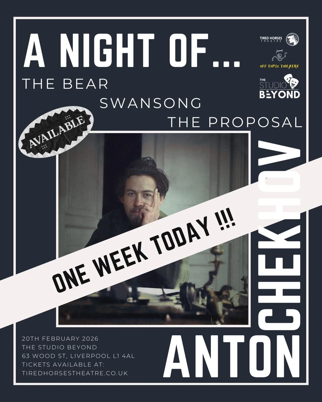 ONE WEEK TO GO!!! 

We&rsquo;re bringing you a &ldquo;Night of Chekhov&rdquo; featuring The Bear, Swansong, and The Proposal. Join us for a night of chaos love, and drama at @studio_below_and_beyond! Experience the genius of Anton Chekhov in three sh