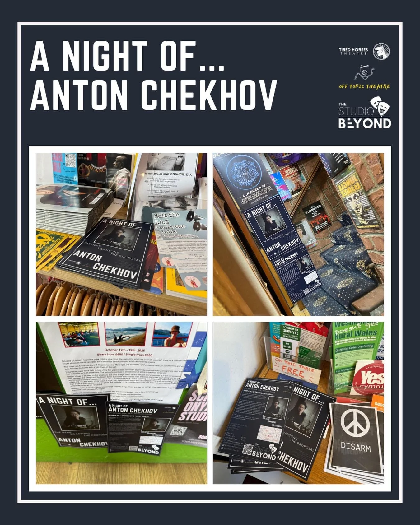 Have you seen any of our flyers about Liverpool?

See if you can spot them! And then come along to our Night of Chekhov! 

Tickets available in our bio or through the @tiredhorsestheatre website!