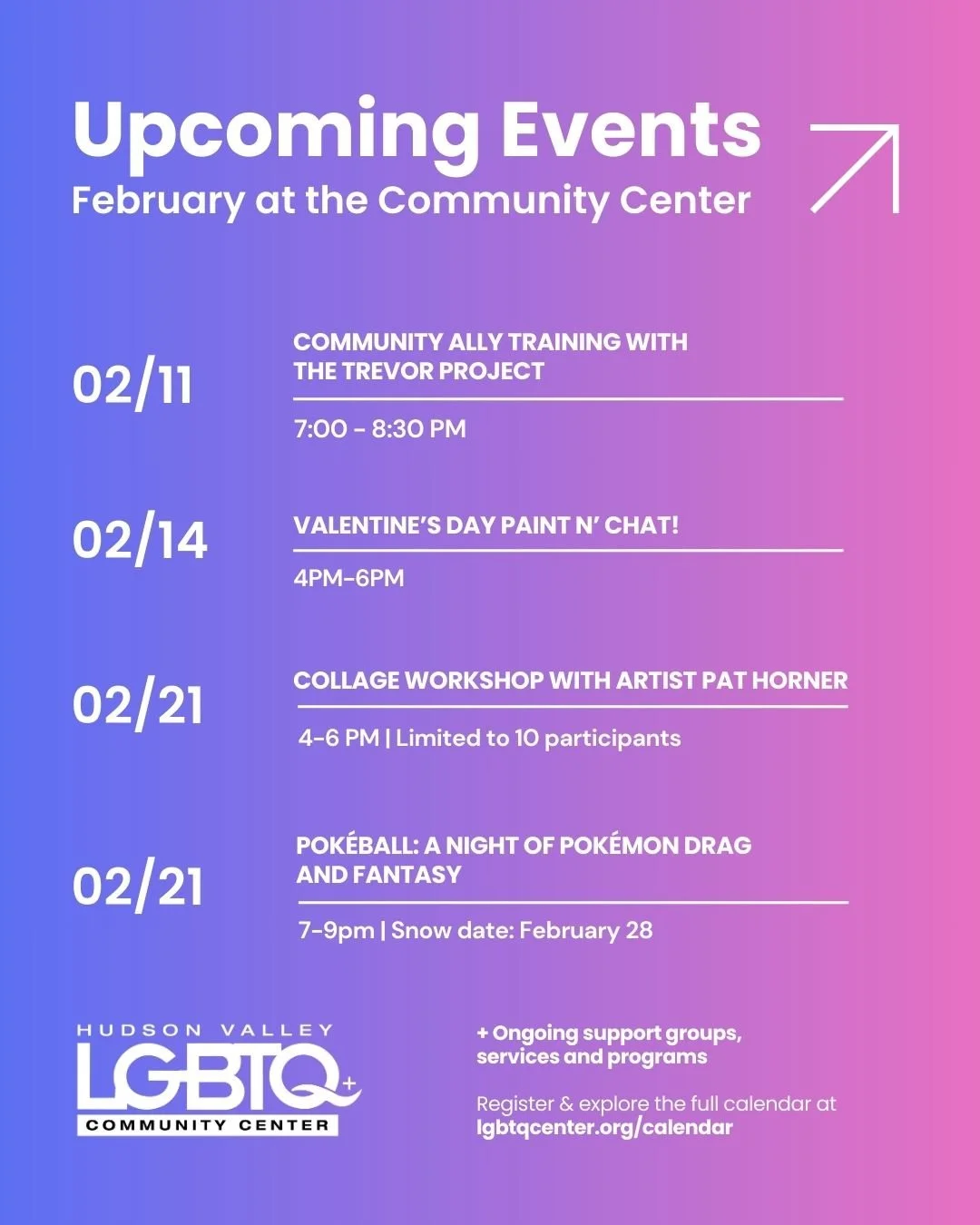 Sharing our February programming in case you missed it!

Here's what's happening at the Community Center this month.

This week's Community Ally Training with the @trevorproject was a wonderful evening. Thank you to everyone who came through!

Here's