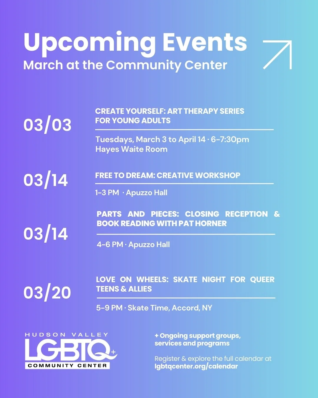 March at the Community Center is going to be a good one. Here's what's coming up 👇

🎨 Create Yourself: Art Therapy Series for Young Adults &middot; Tuesdays 03/03&ndash;04/14 &middot; 6&ndash;7:30 PM &middot; Hayes Waite Room

🎨 Free to Dream: Cre