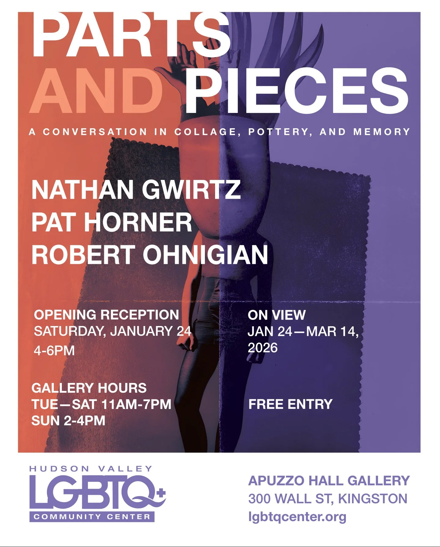 Parts and Pieces: Closing Reception
Saturday, March 14

4-6 PM | Apuzzo Hall Gallery

Join us for the closing of Parts and Pieces: A Conversation in Collage, Pottery, and Memory. Artist Pat Horner will give a book reading from Loving Scott and lead a
