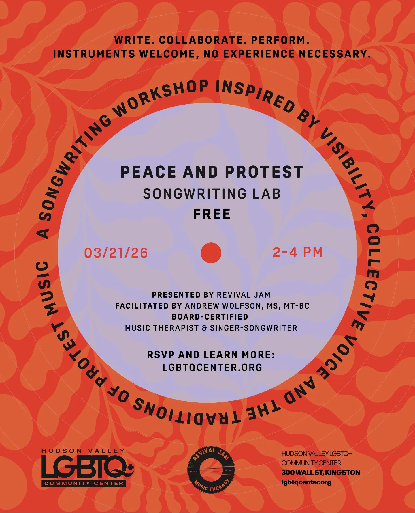 Peace &amp; Protest: Songwriting Lab

Saturday, March 21, 2026

2:00 to 4:00pm

Peace &amp; Protest: Songwriting Lab invites participants to explore the power of protest music and create original songs inspired by its long history of social and cultu