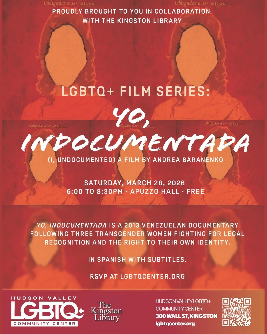 LGBTQ+ Film Series: Yo, Indocumentada
Saturday, March 28

6:00 to 8:30pm &middot; Apuzzo Hall

We're excited to launch our LGBTQ+ Film Series, a monthly screening series featuring films that celebrate queer and trans experiences. Each screening will 