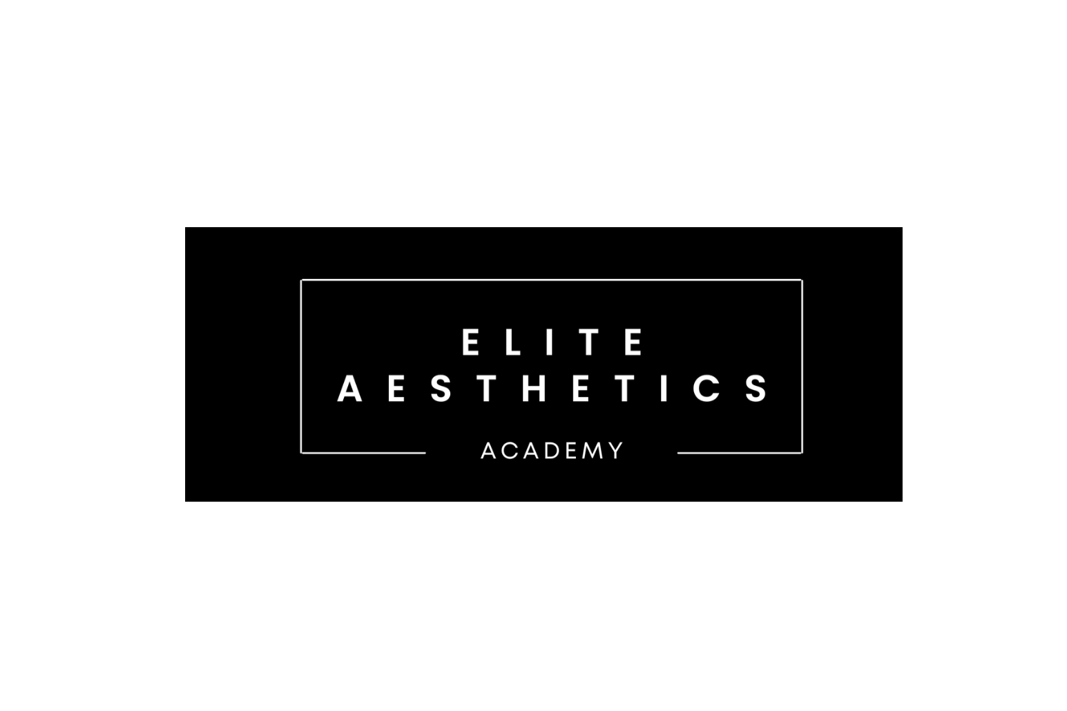 Black background logo with white text that reads "Elite Aesthetics Academy" with geometric border lines.