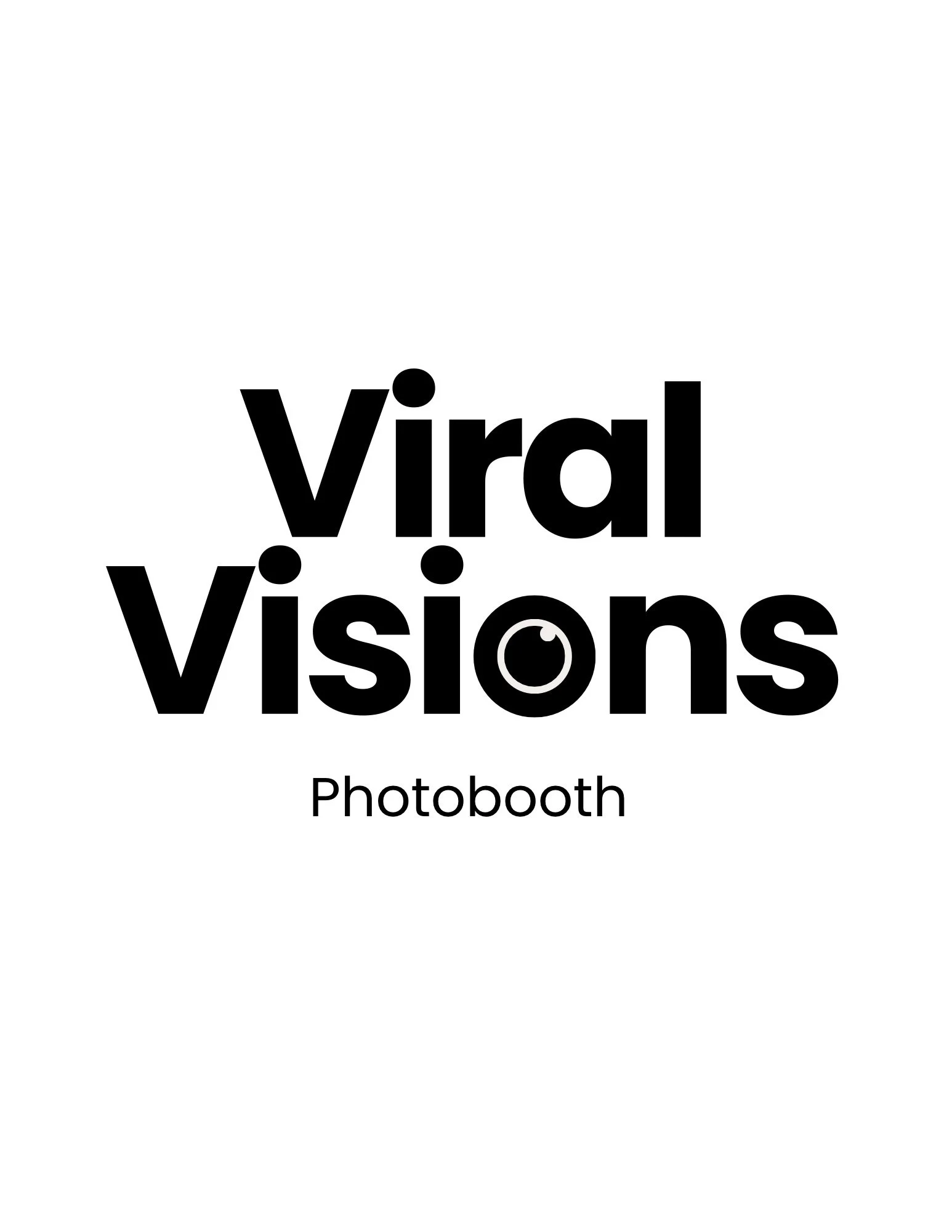 Viral video photobooth text in black on white background with a camera icon inside the letter O.