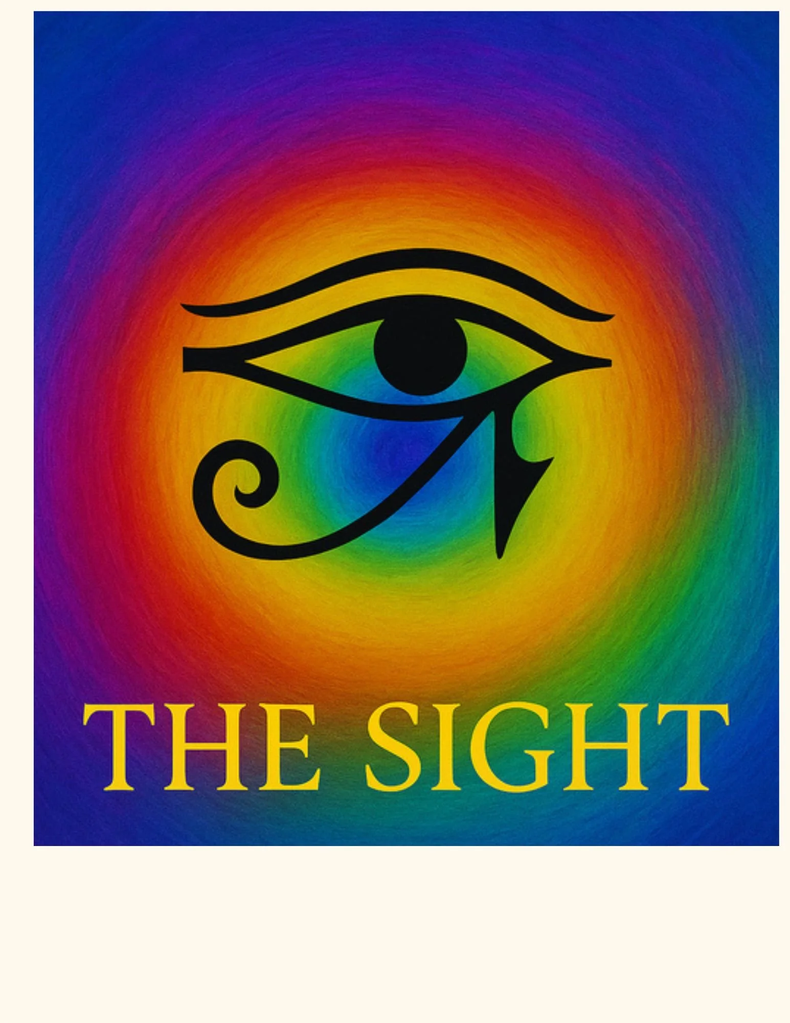 Book cover titled "The Sight" with a colorful rainbow gradient background, a stylized eye illustration, and yellow text.