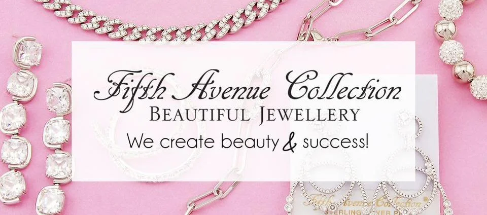 Pink background with jewelry including diamond-studded necklaces, bracelets, and earrings surrounding a white card with black cursive and print text about Fifth Avenue Collection jewelry.