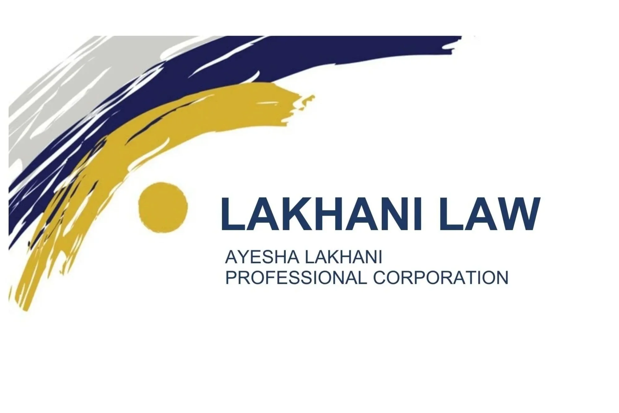 Business card for Lakhani Law, featuring abstract brush strokes in gray, navy blue, and gold, with the name Ayesha Lakhani and the title Professional Corporation.