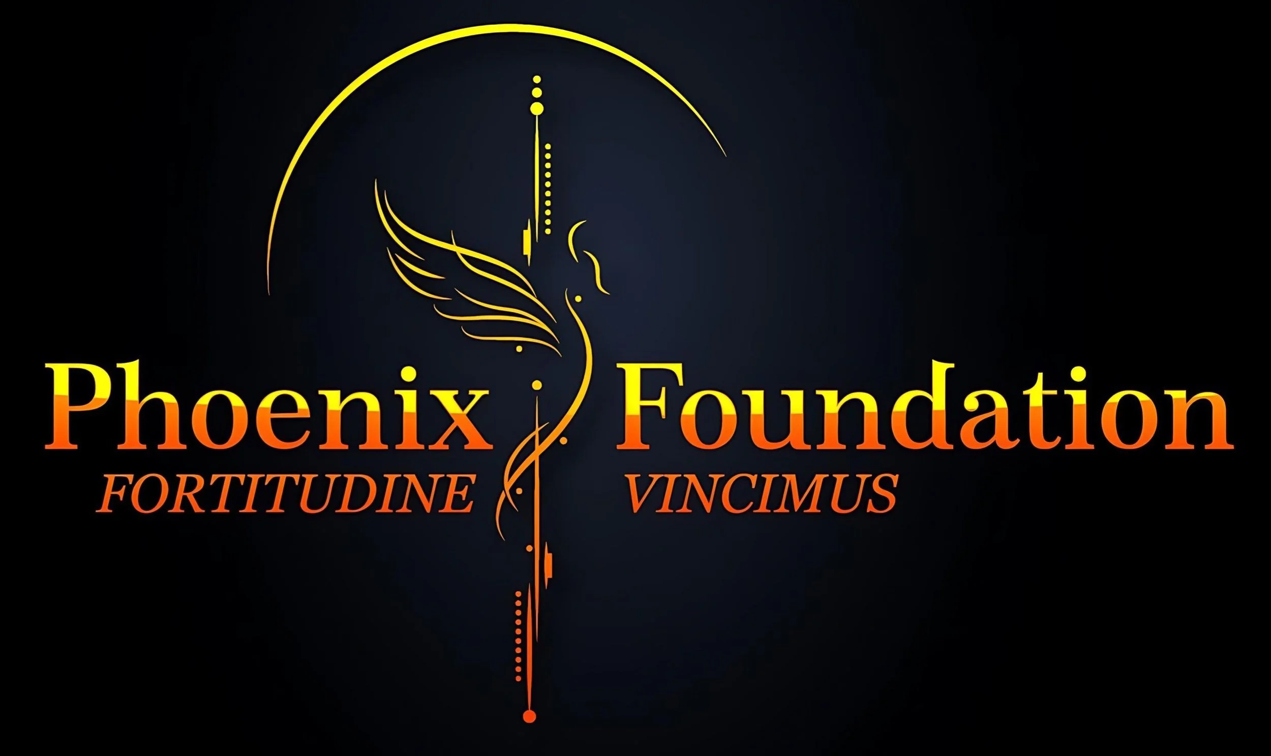 A logo for the Phoenix Foundation features a stylized depiction of a phoenix with an upward pointing arrow integrated into its design. The logo includes the words 'Phoenix Foundation' in large yellow and orange gradient font, with the Latin motto 'Fortitudine Vincimus' in smaller orange font below.