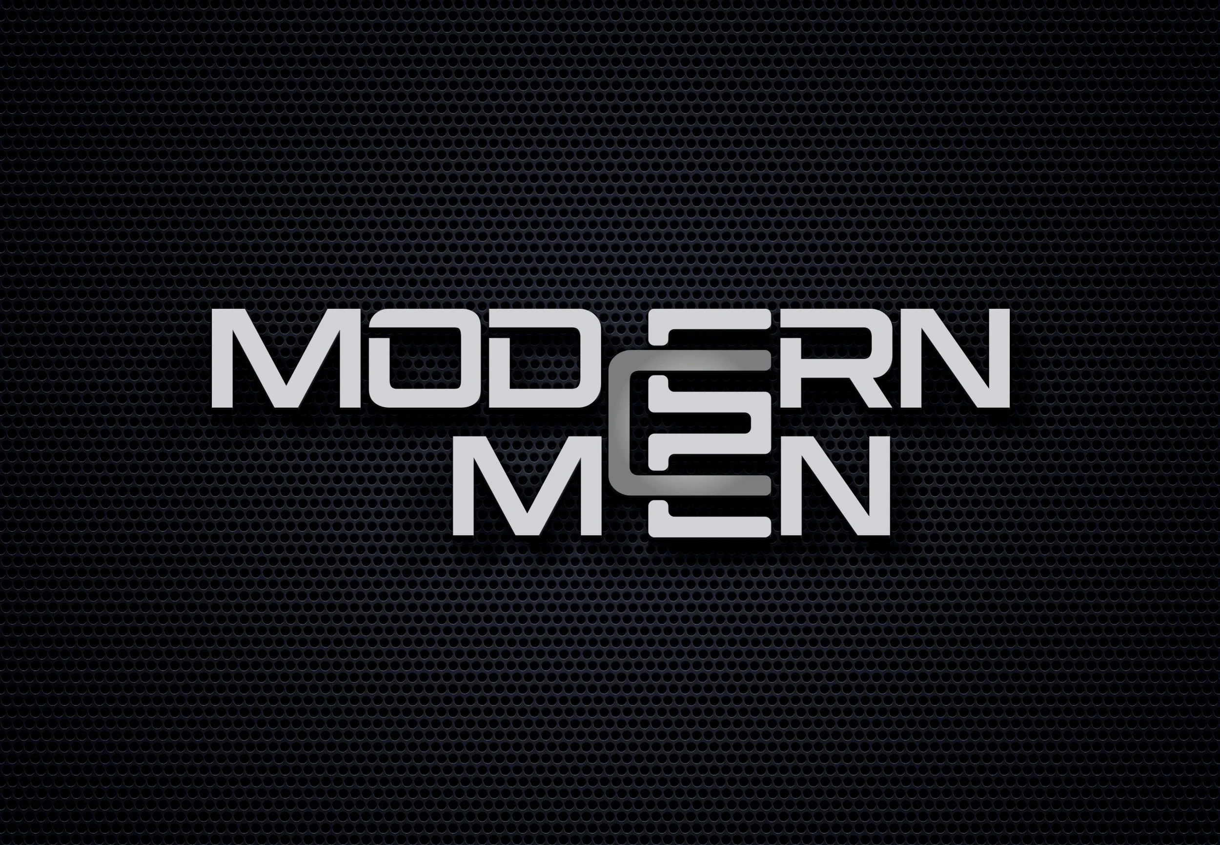 Stylized text reading "MODERN MEN" in a metallic font on a dark, perforated metal background.
