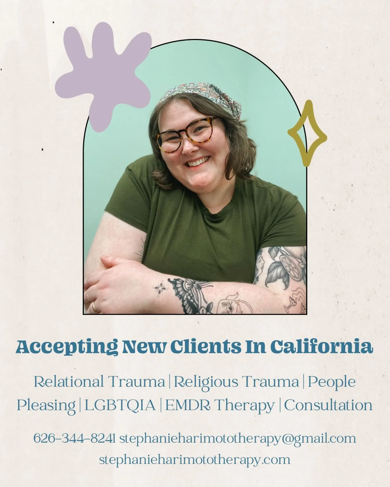 I have had a few spots open up for new clients in California! I specialize in trauma therapy, particularly attachment/relational trauma &amp; religious trauma. If you or someone you know needs a relatable, sometimes funny, and hopefully helpful thera
