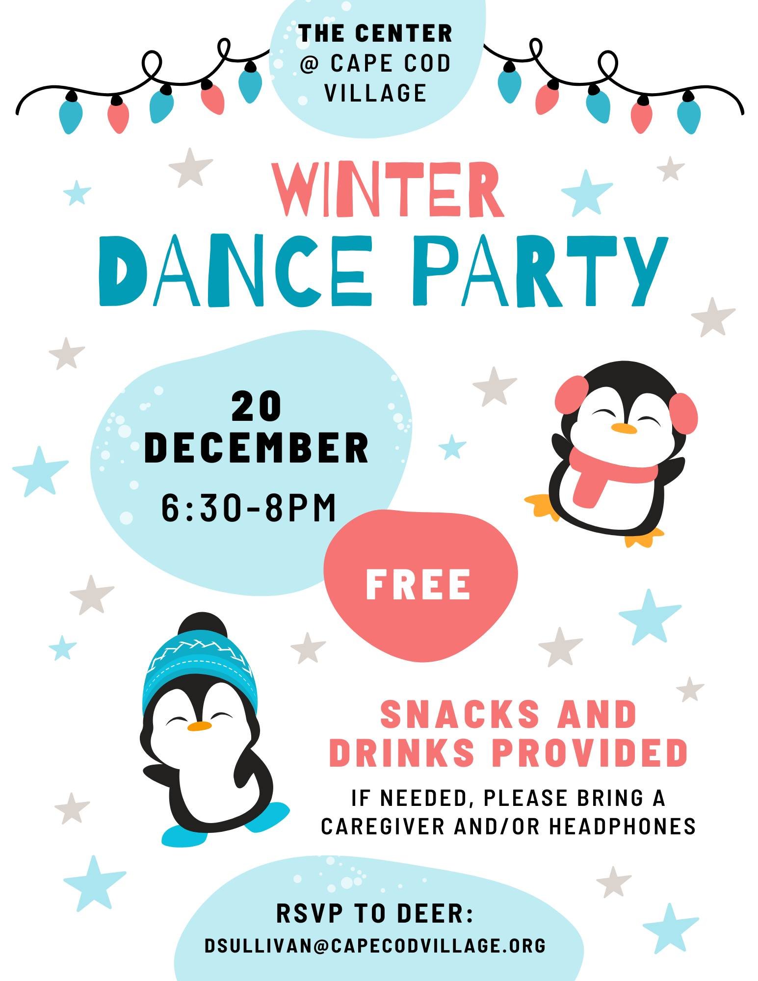 Our December Winter Dance Party is on for Friday the 20th! These monthly dances are a wonderful reminder of the power of inclusive community. Registration is required, please reach out to deer to secure a spot (dsullivan@capecodvillage.org) ❄️