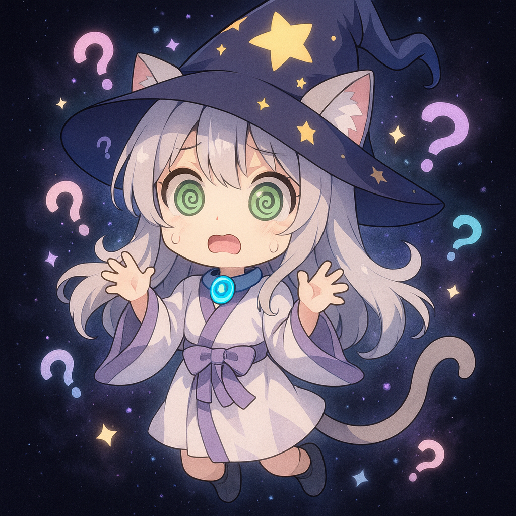 Cute chibi-style girl with gray hair, cat ears, and a tail, wearing a wizard hat decorated with stars, floating in a starry night sky with colorful question marks and stars around her, looking confused.