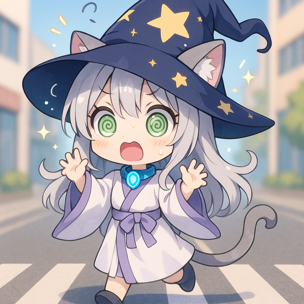 A chibi-style drawing of a girl dressed as a wizard with cat ears, green spiral eyes, and a surprised expression, crossing a street.